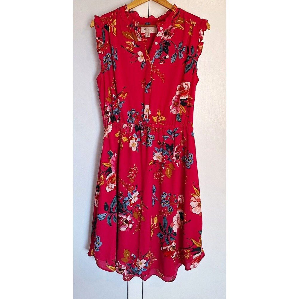 Philosophy Republic Clothing Red Floral Shirt Dress V-Neck Ruffle XL